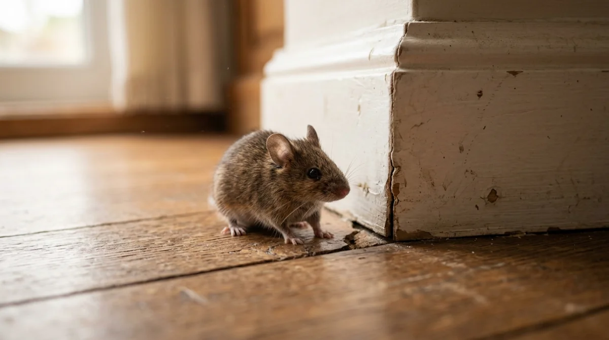 Petite souris brune près d'une fissure dans un mur en bois, illustrant la signification d'une souris dans la maison.
