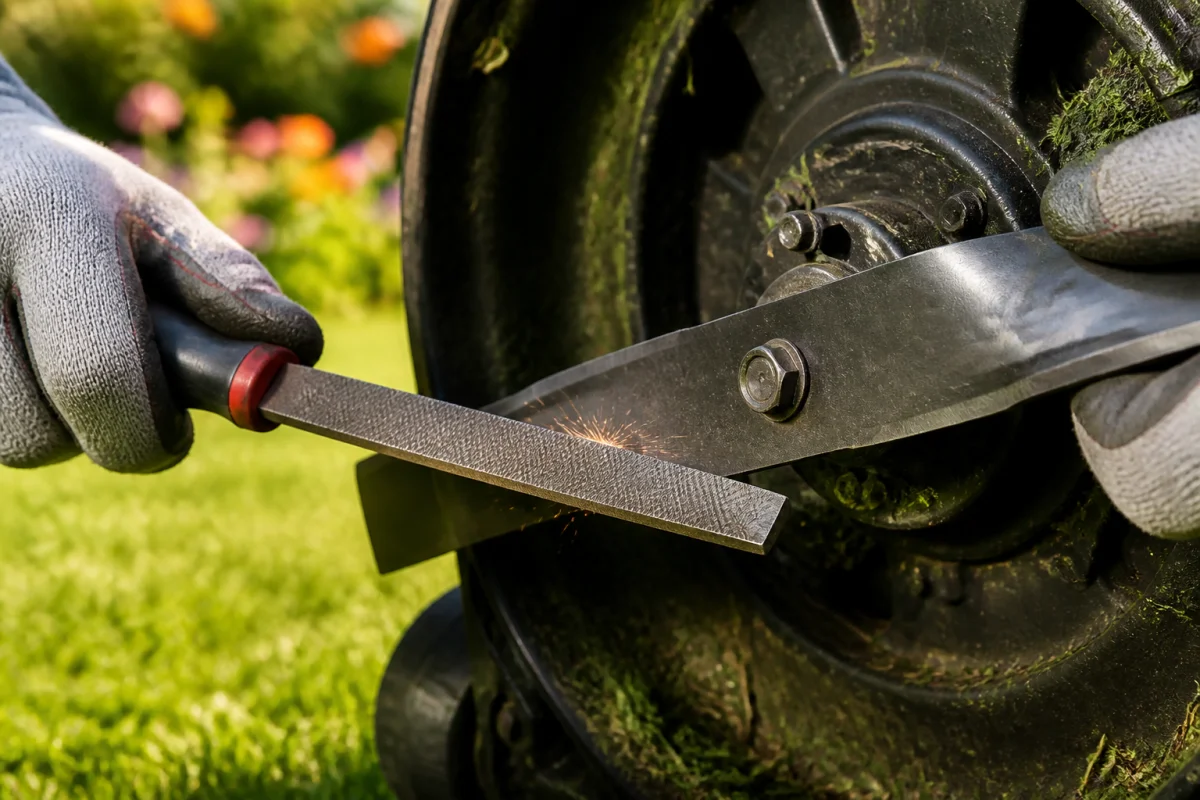 Mains gantées utilisant une lime métallique pour affûter la lame d'une tondeuse à gazon dans un jardin.