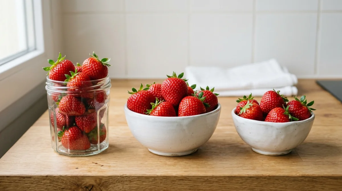 Fraises fraîches bien organisées dans des contenants en verre pour apprendre comment conserver des fraises durablement.