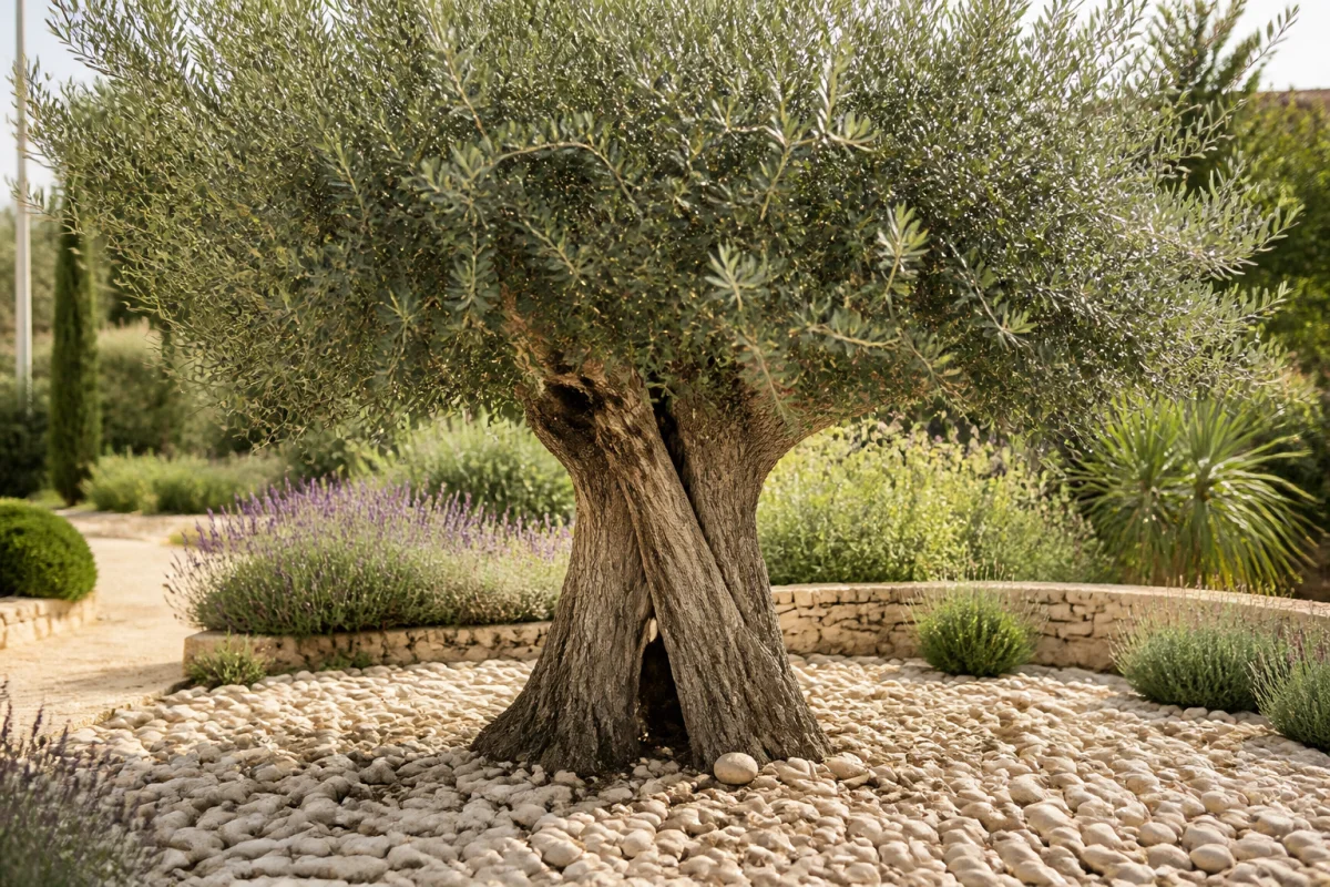 Olivier mature au tronc noueux entouré de galets décoratifs dans un jardin méditerranéen ensoleillé.