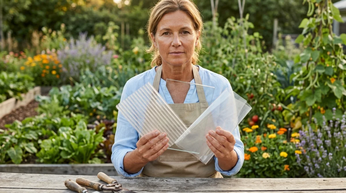 Personne comparant des matériaux de couverture pour apprendre comment construire une serre de jardin dans son potager.