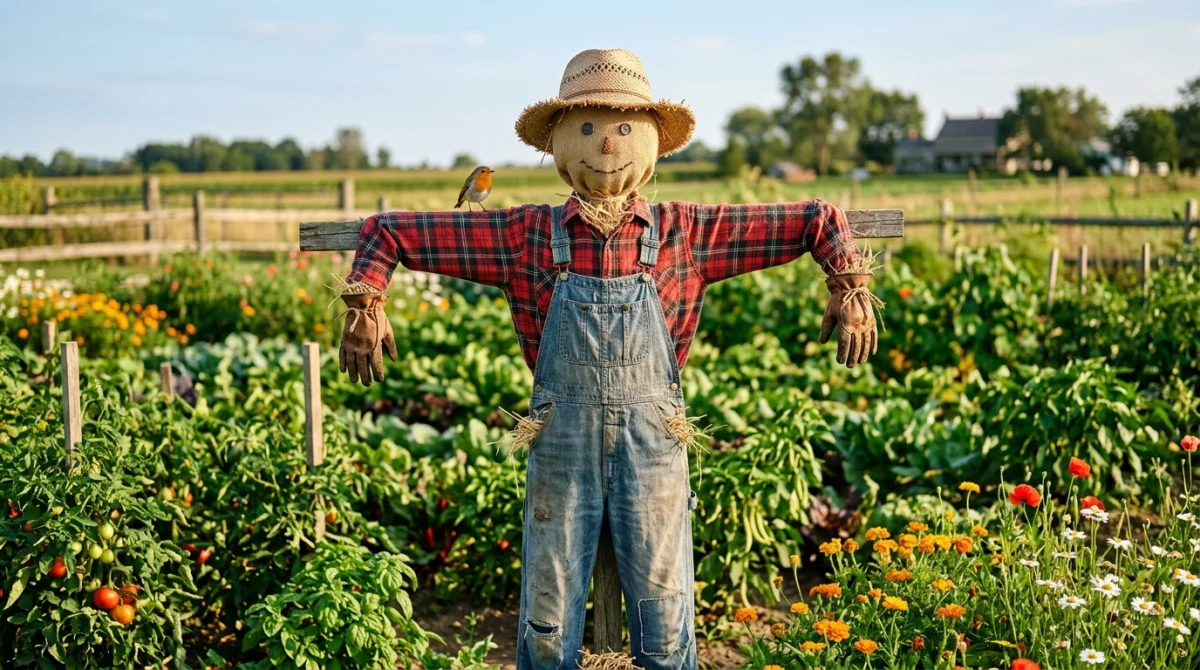 Épouvantail fini avec chemise à carreaux et salopette, installé dans un potager ensoleillé pour illustrer comment fabriquer un épouvantail.