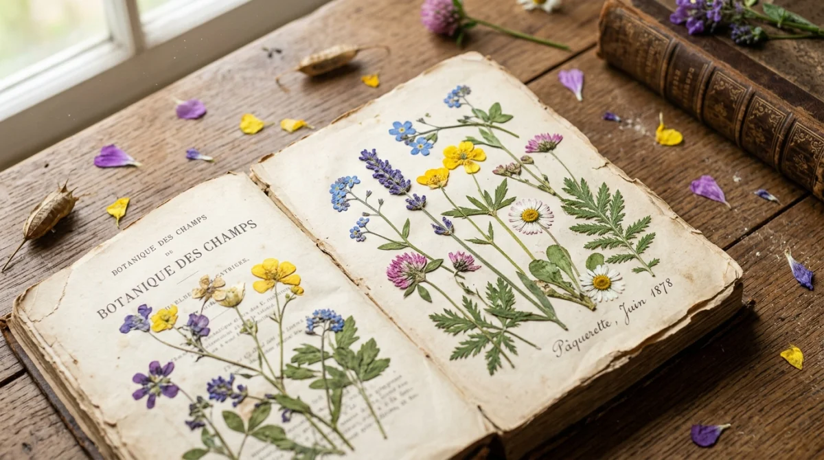 Fleurs sauvages colorées en cours de séchage entre les pages d'un vieux livre pour apprendre comment faire sécher des fleurs.