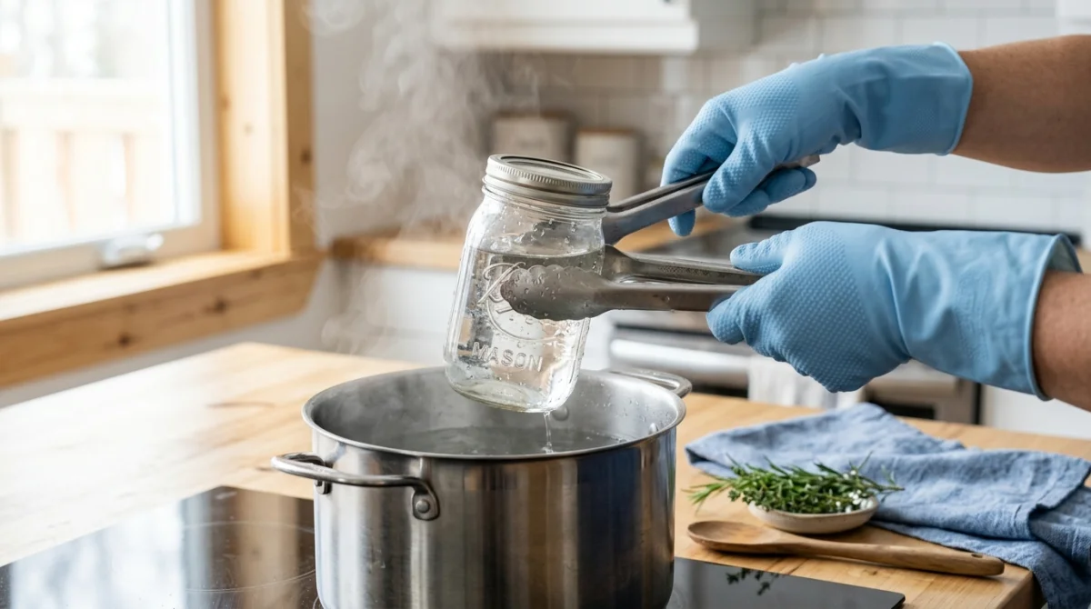 Mains gantées utilisant une pince pour retirer un bocal en verre d'une marmite afin d'apprendre comment stériliser un bocal.
