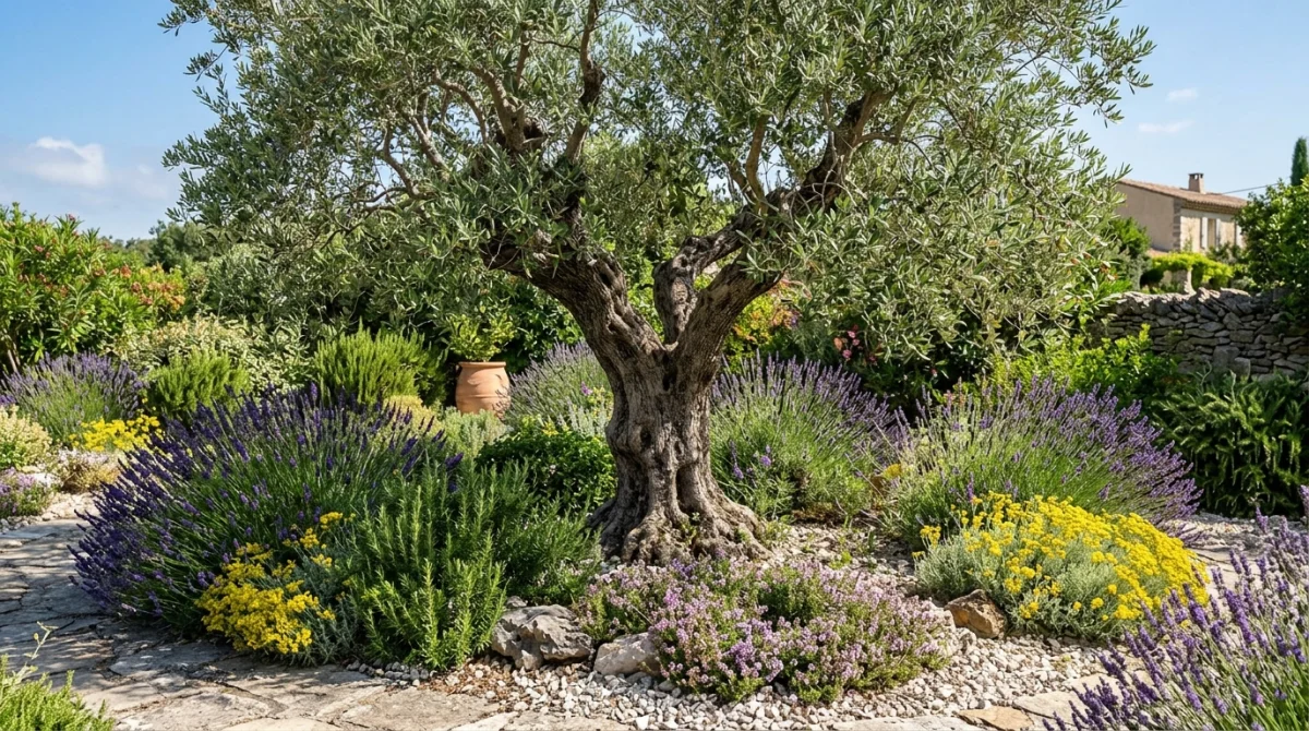 Olivier mature au centre d'un massif méditerranéen en fleurs, illustrant comment mettre en valeur un olivier dans son jardin.