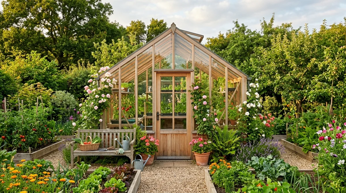 Serre de jardin élégante et lumineuse installée dans un potager verdoyant pour apprendre comment construire une serre de jardin.