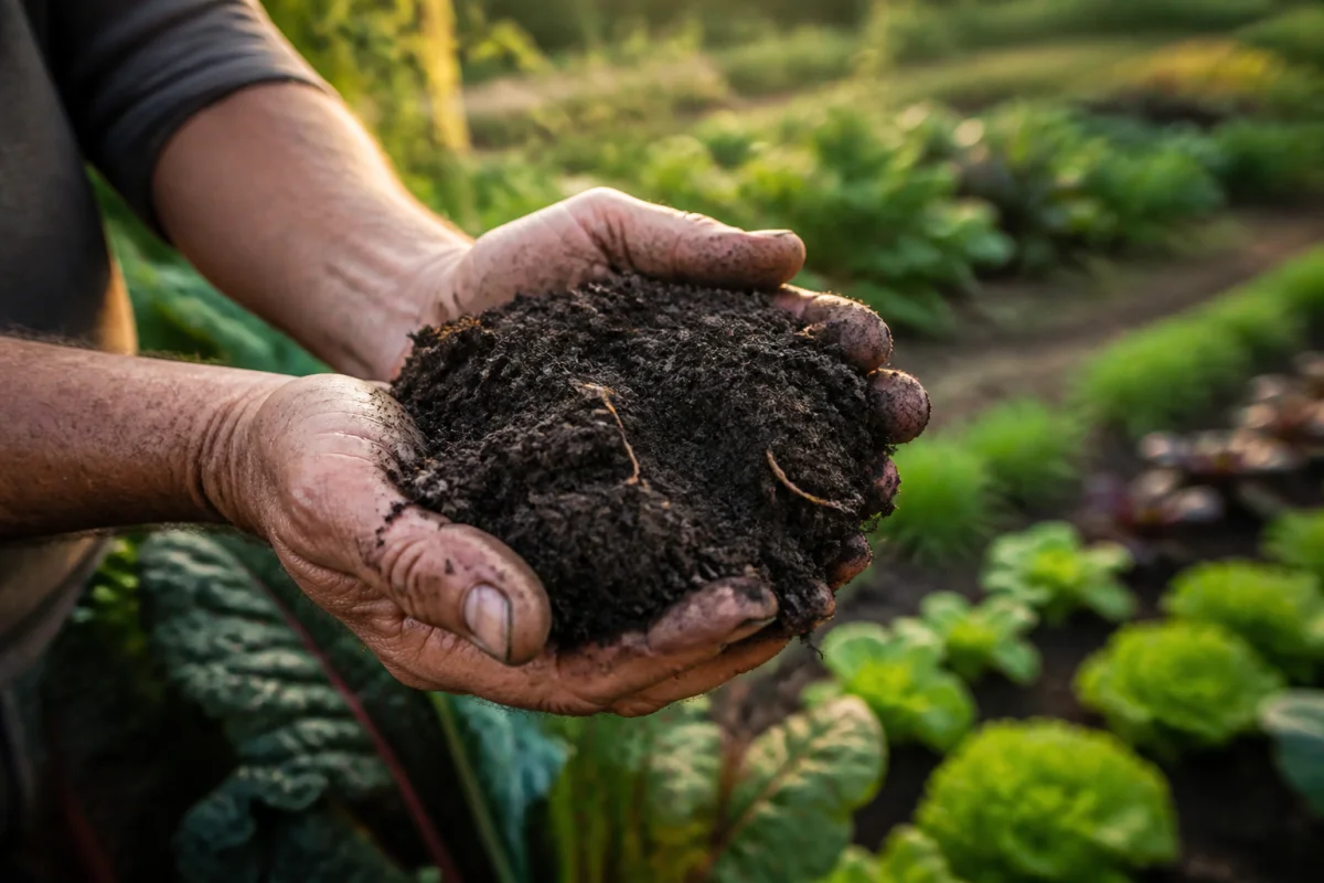 Mains de jardinier tenant une terre noire riche et fertile pour apprendre comment enrichir une terre pauvre naturellement.