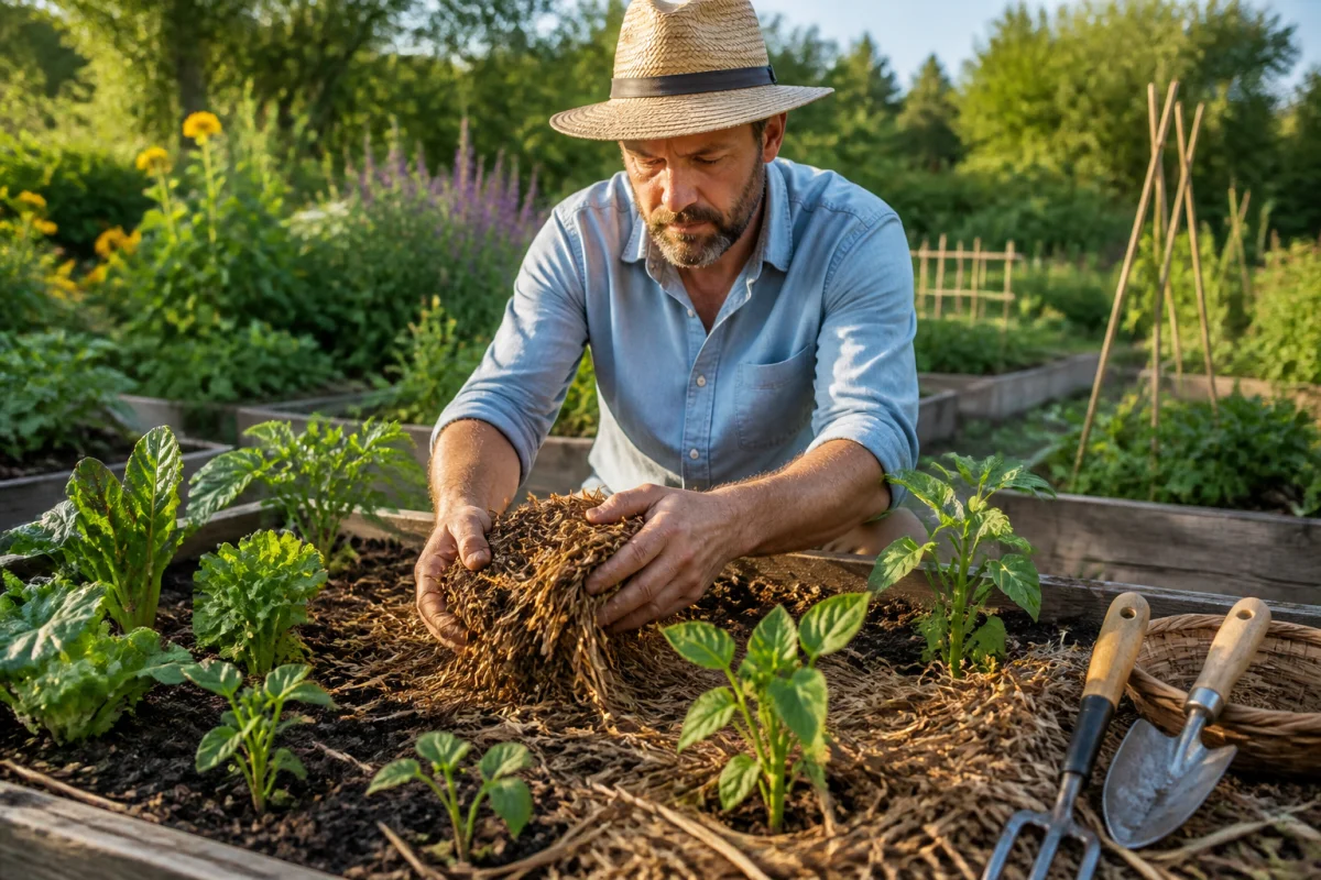 enrichir terre potager naturellement cfe5 1 Jardinier épandant du paillis organique sur un sol riche pour enrichir naturellement une terre de potager.