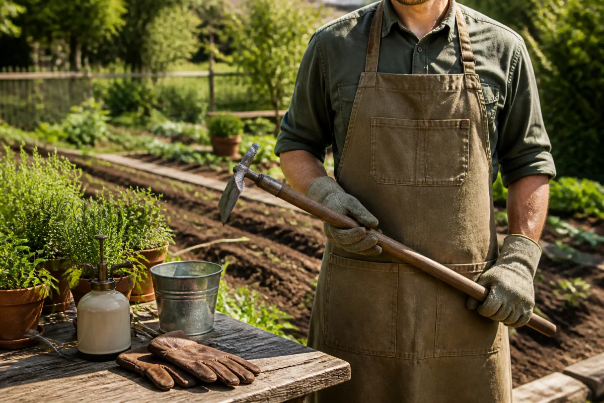 Jardinier préparant ses outils de jardinage naturels dans un potager ensoleillé pour fabriquer un désherbant naturel efficace.