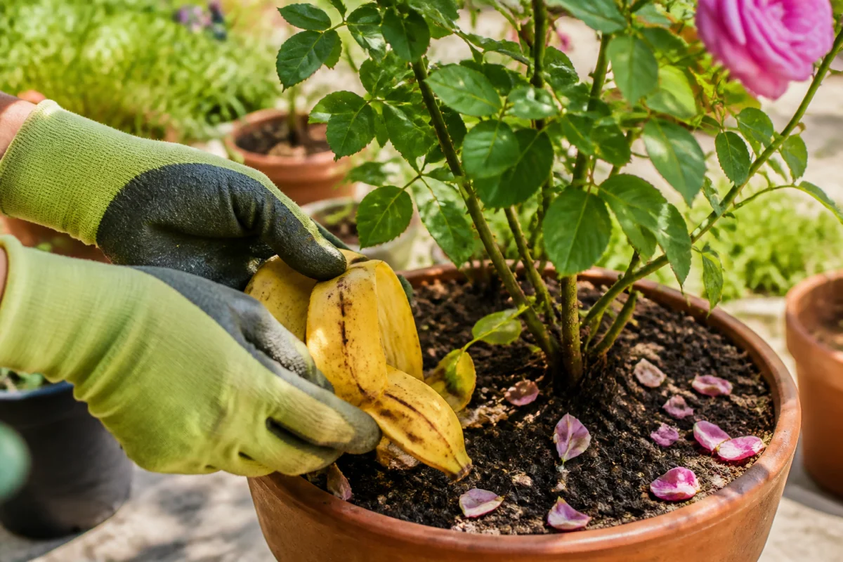 Mains gantées déposant des peaux de banane au pied d'un rosier pour apprendre comment faire un engrais naturel.