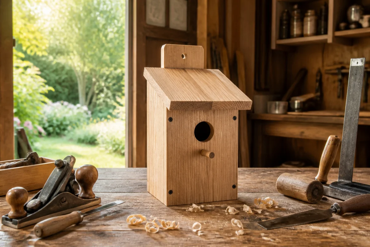 Nichoir en bois artisanal posé sur un établi entouré d'outils pour apprendre comment fabriquer un nichoir à oiseaux.