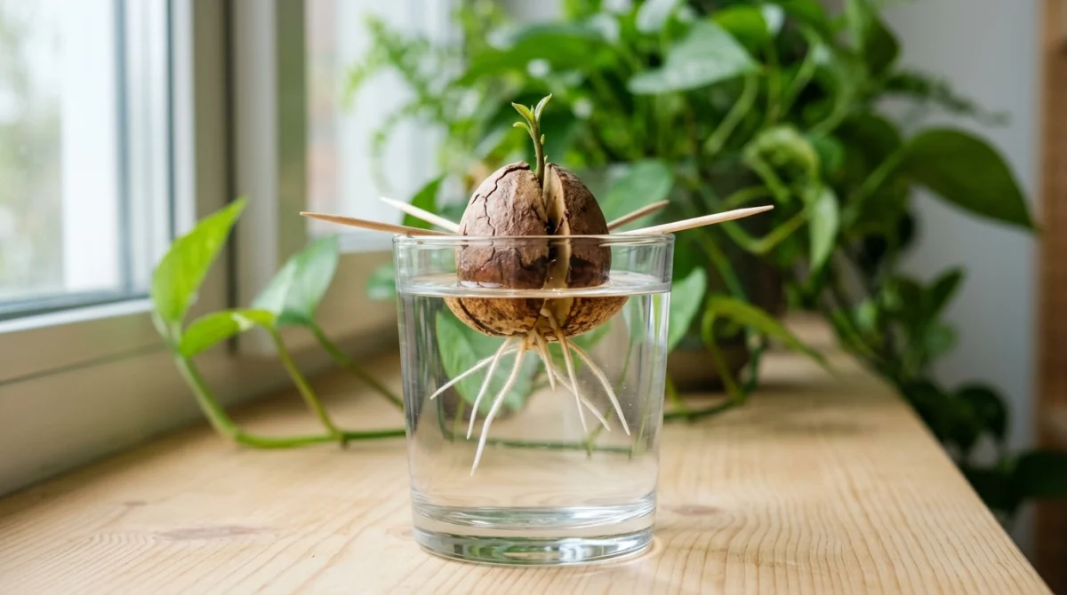 Noyau d'avocat suspendu par des cure-dents dans un verre d'eau pour expliquer comment faire pousser un noyau d'avocat.