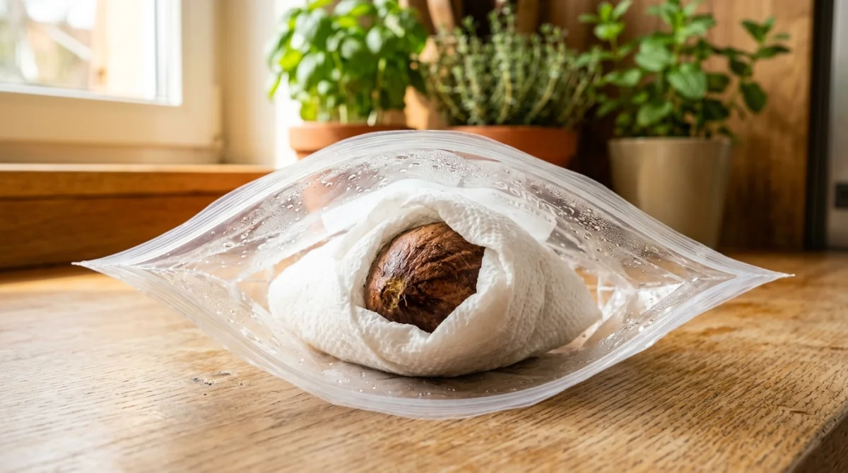 germination noyau avocat essuie tout 7e0f 1 Noyau d'avocat humidifié dans un essuie-tout et un sachet plastique pour apprendre comment faire pousser un noyau d'avocat.