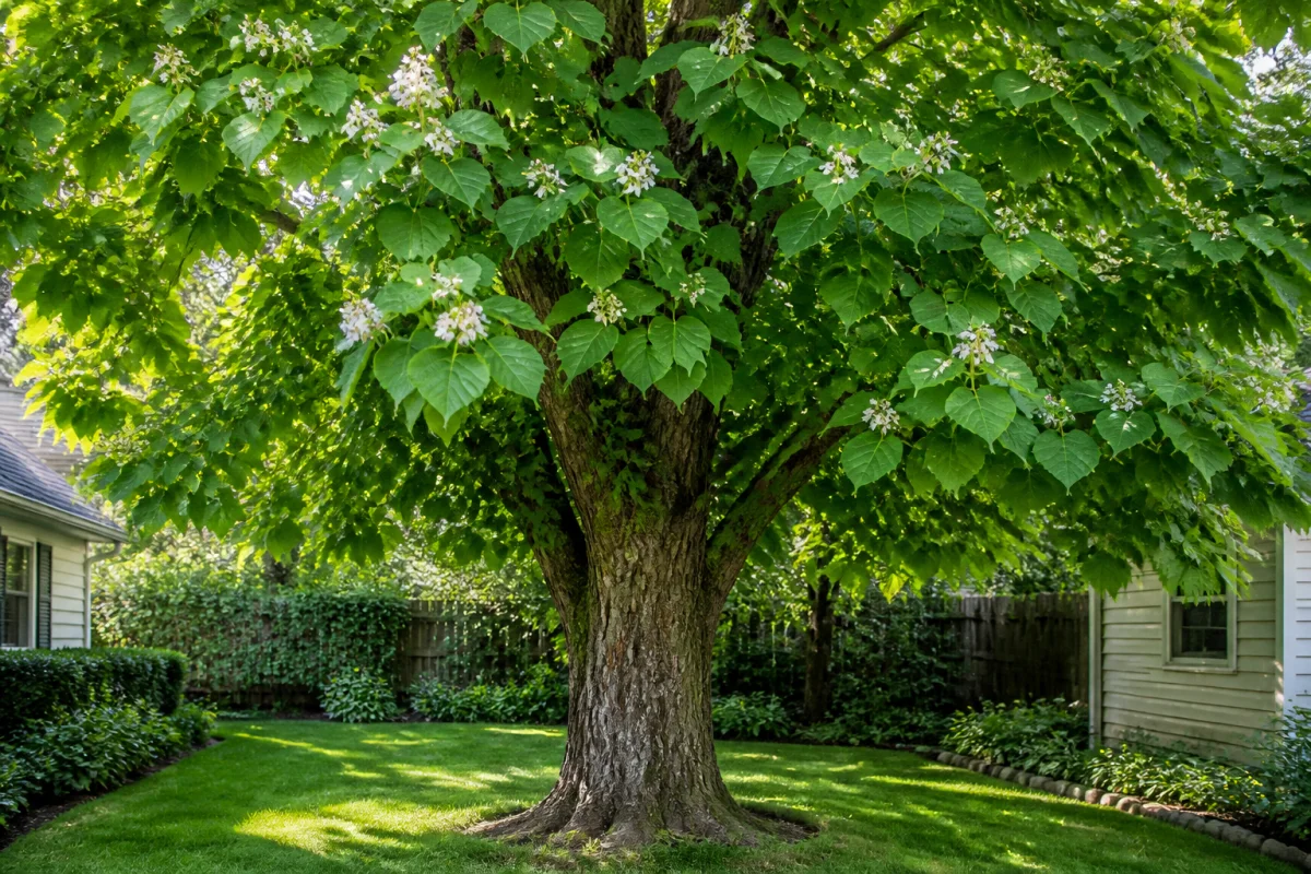 Grand catalpa majestueux aux larges feuilles dans un jardin résidentiel illustrant les inconvénients de sa taille imposante.