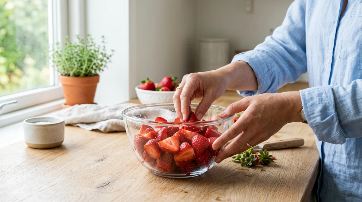 Mains préparant des fraises fraîches dans un bol en verre pour apprendre comment conserver des fraises facilement.