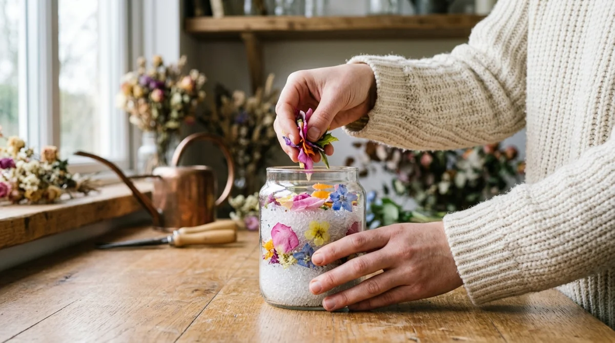Mains déposant délicatement des fleurs dans un récipient avec du gel de silice pour apprendre comment faire sécher des fleurs.
