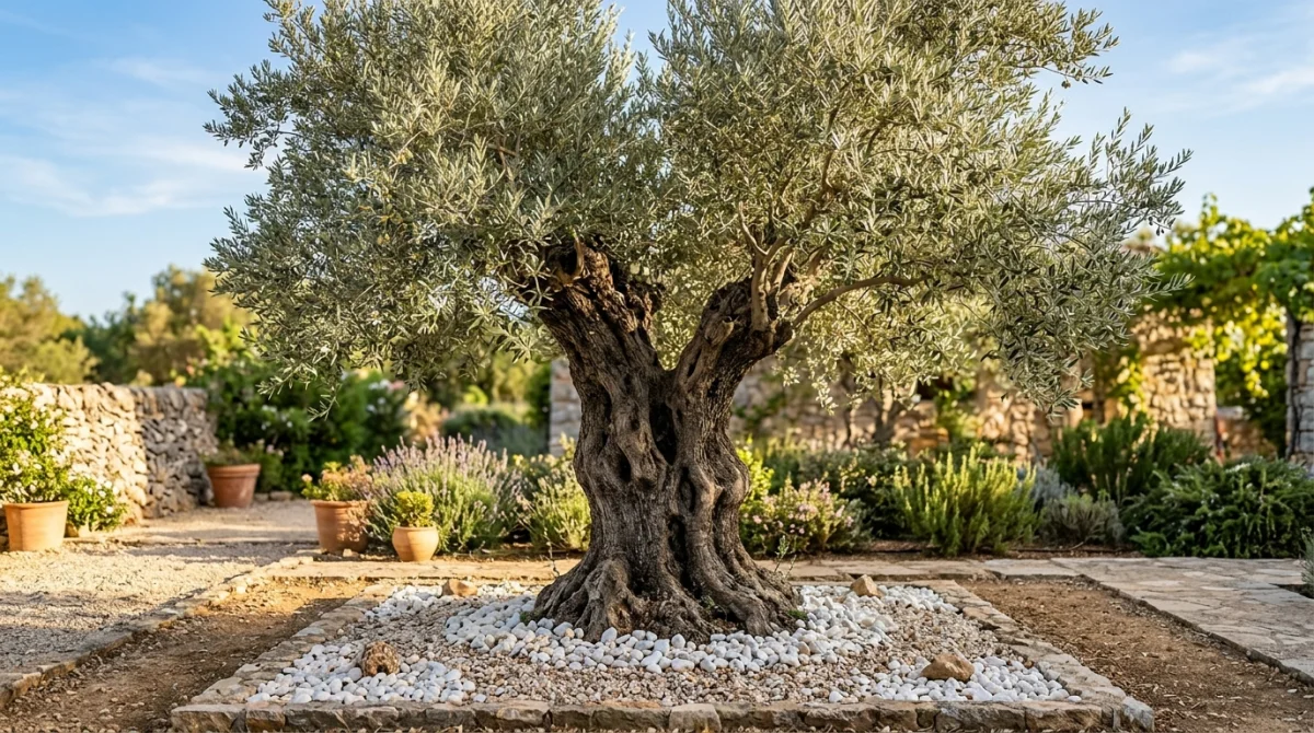 Olivier majestueux au tronc noueux sublimé par un paillage minéral de galets blancs dans un jardin méditerranéen ensoleillé.
