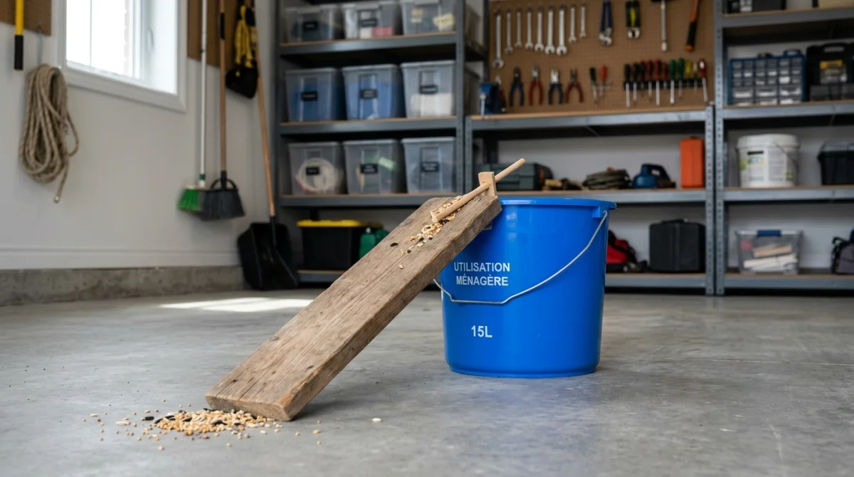 piege artisanal attraper souris garage 2781 1 Piège artisanal avec un seau bleu et une rampe en bois pour apprendre comment attraper une souris efficacement.