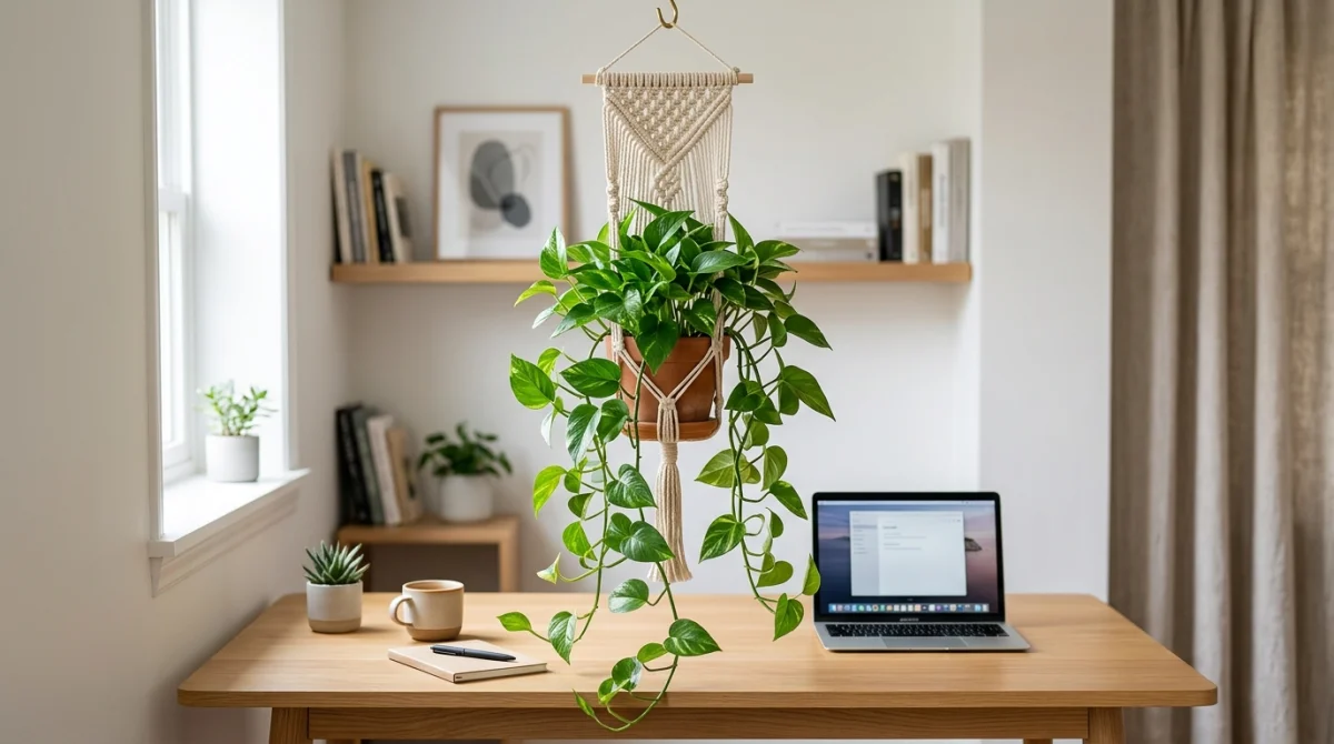 Plante tombante luxuriante dans un pot en macramé suspendu au-dessus d'un bureau moderne en bois clair.