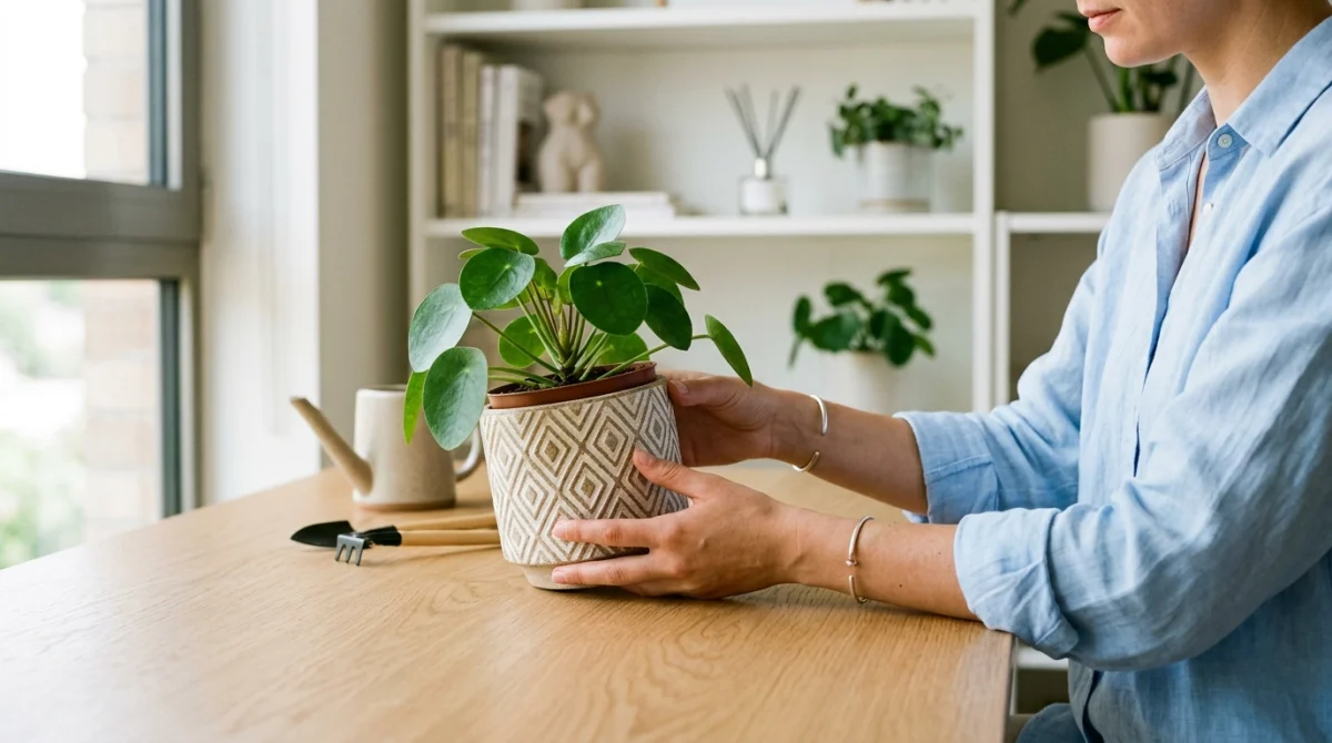 plante verte moderne bureau 27e6 1 Mains choisissant une plante verte dans un pot en céramique moderne pour décorer un bureau épuré.