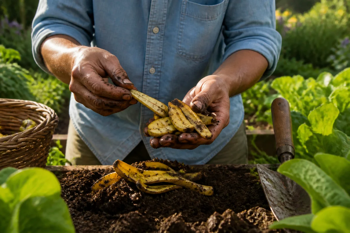 Mains tenant des peaux de bananes au-dessus d'un potager pour expliquer comment faire un engrais naturel maison.