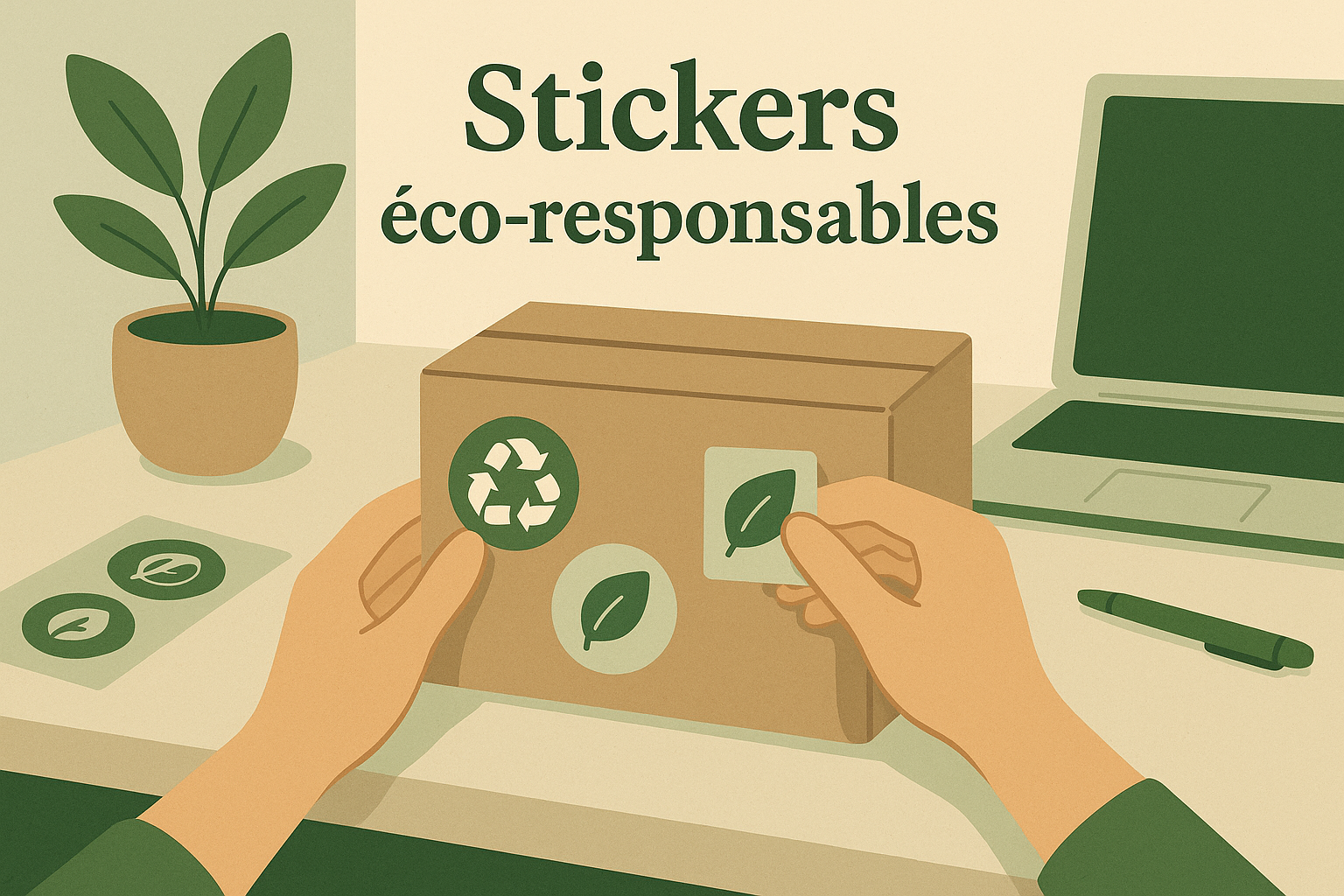 Stickeurs éco-responsables pour communication durable Illustration de stickeurs éco-responsables sur emballage carton