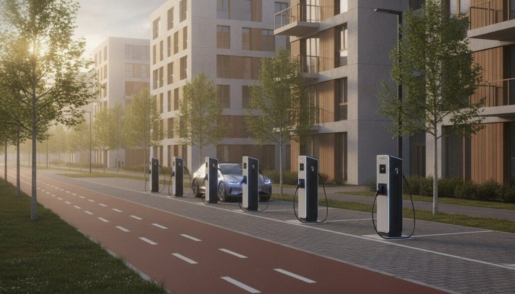 Bornes de recharge pour véhicules électriques dans un nouveau quartier