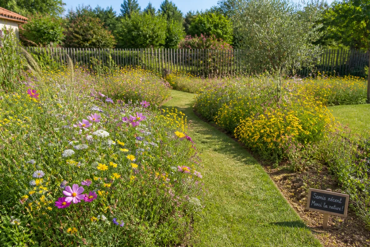 Comment créer une prairie fleurie avec fleurs sauvages colorées et allées tondues dans un jardin ensoleillé