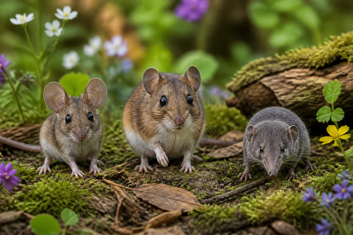Différence entre souris, mulot et musaraigne présentés côte à côte dans un sous-bois naturel