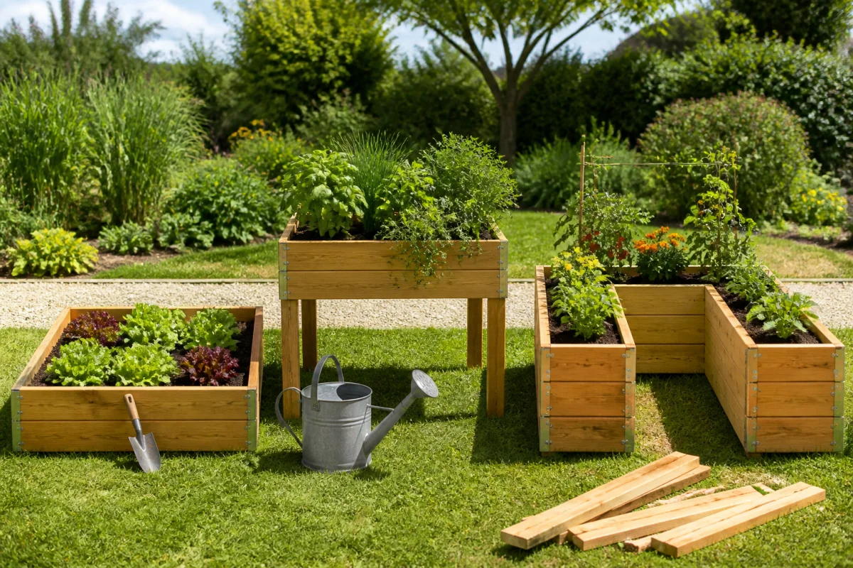 Trois modèles de bacs potagers en bois : au sol, surélevé et en U, dans un jardin familial lumineux