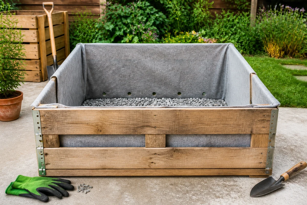 Carré potager surélevé en palettes avec géotextile, graviers de drainage et outils de jardinage dans un jardin verdoyant