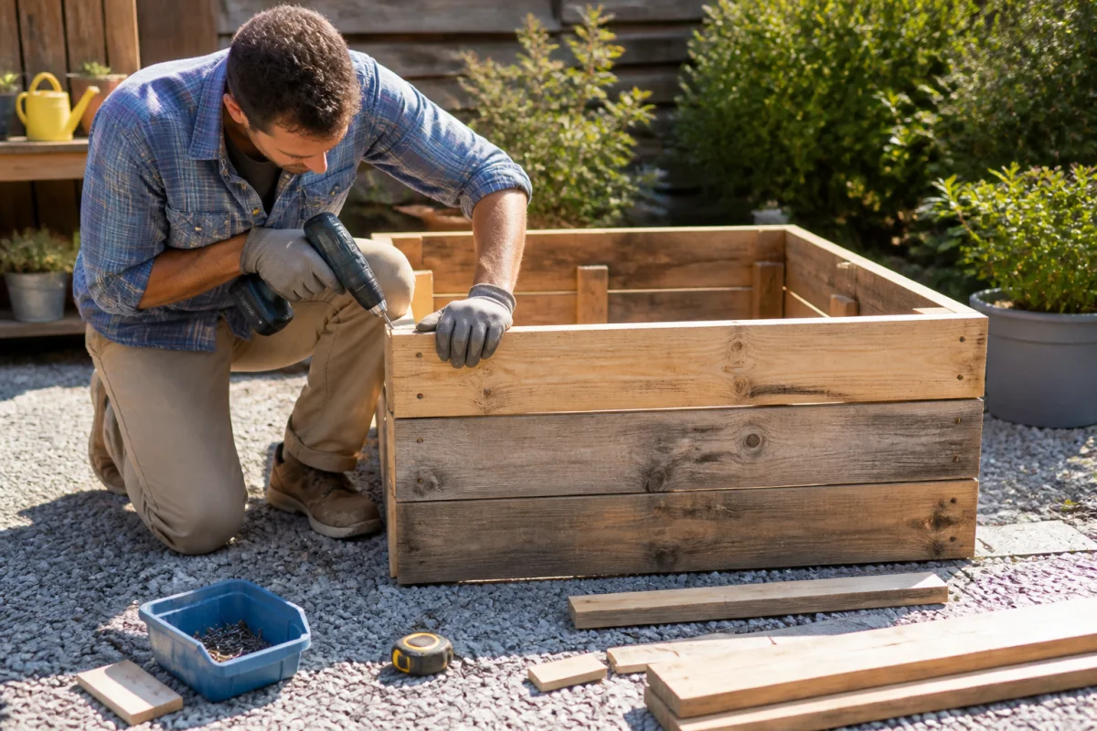 Comment fabriquer un carré potager avec des palettes : assemblage d’un bac surélevé en bois avec une visseuse