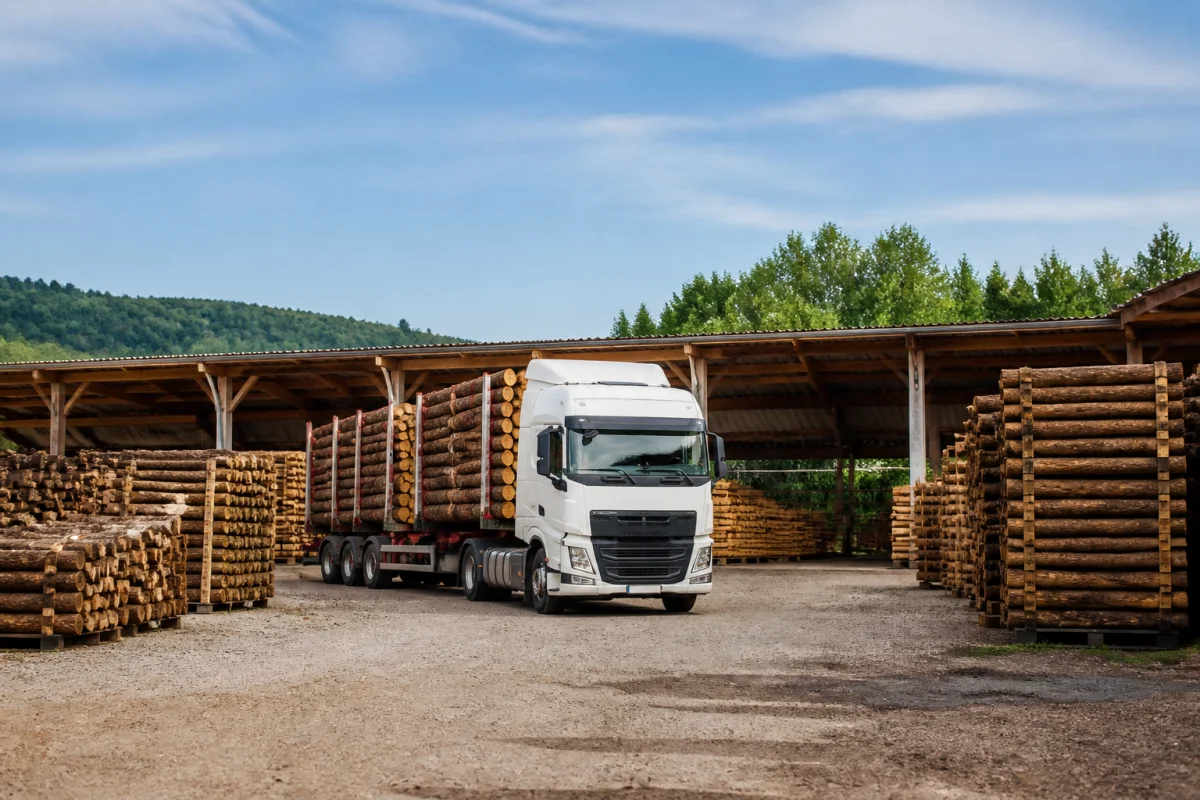 image 6c2b 1 Semi-remorque chargé de bûches de bois de chauffage de 2 mètres devant un espace de stockage organisé