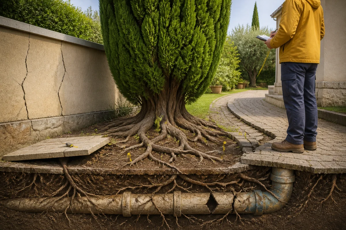 Cyprès mature aux racines visibles, dalle soulevée, allée déformée et mur fissuré illustrant ses inconvénients au jardin