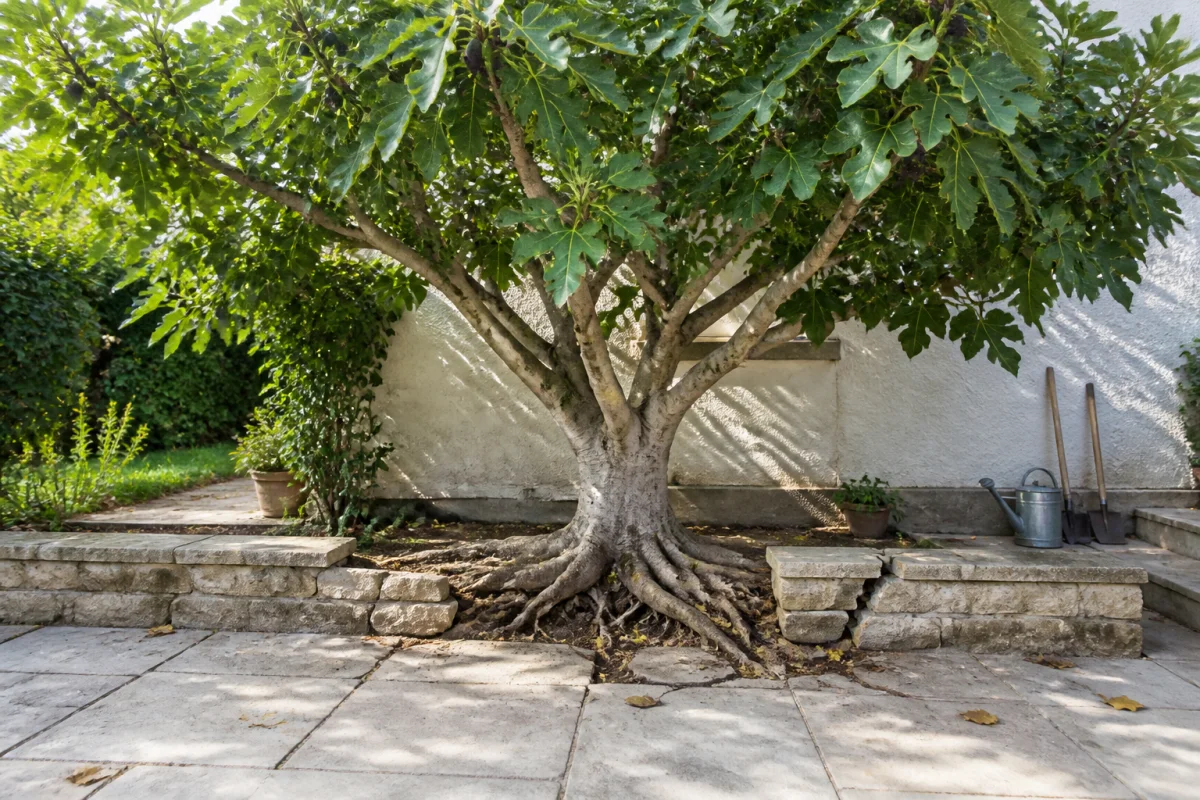 Figuier mature aux racines puissantes soulevant des dalles et fissurant un muret dans un jardin résidentiel