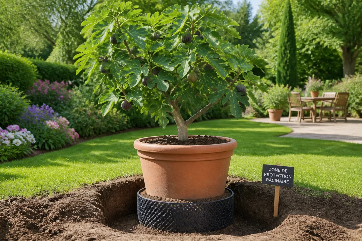 Figuier en pot avec barrière anti-racines, solution pratique pour limiter l’expansion des racines au jardin