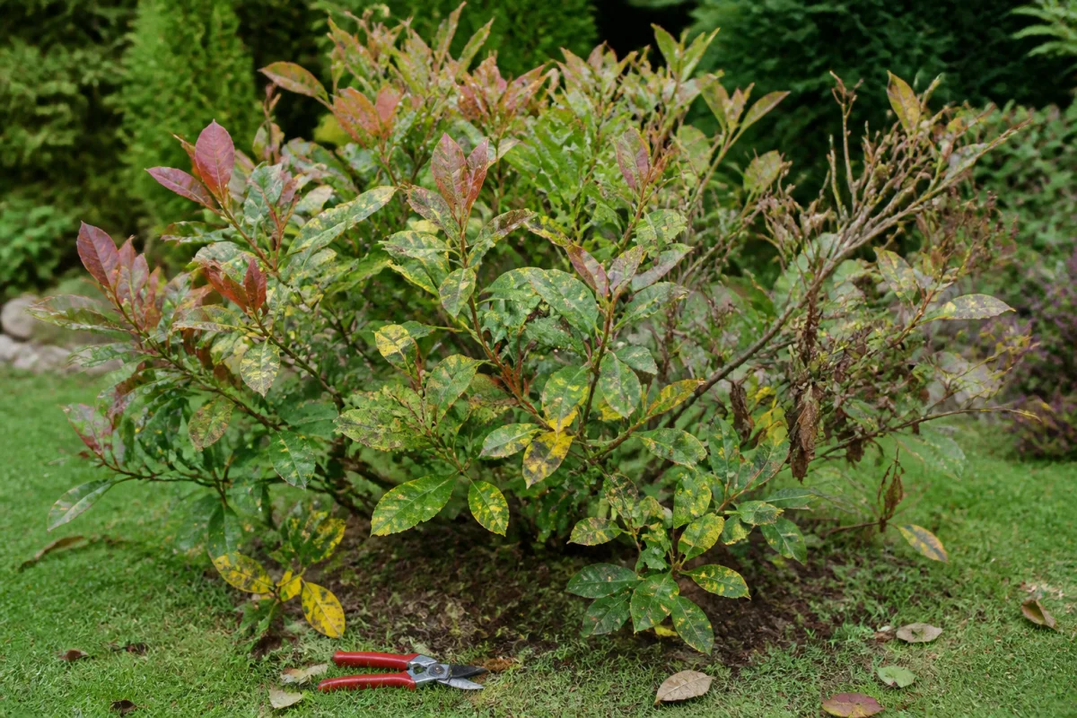 inconvenients photinia feuilles malades b18a 1 Photinia adulte avec feuilles tachées, jaunissantes et partiellement défoliées, illustrant un inconvénient du photinia