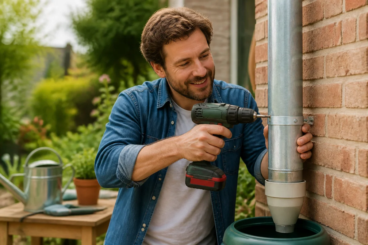 Bricoleur utilisant une perceuse sur une gouttière pour installer un récupérateur d'eau de pluie dans un jardin.