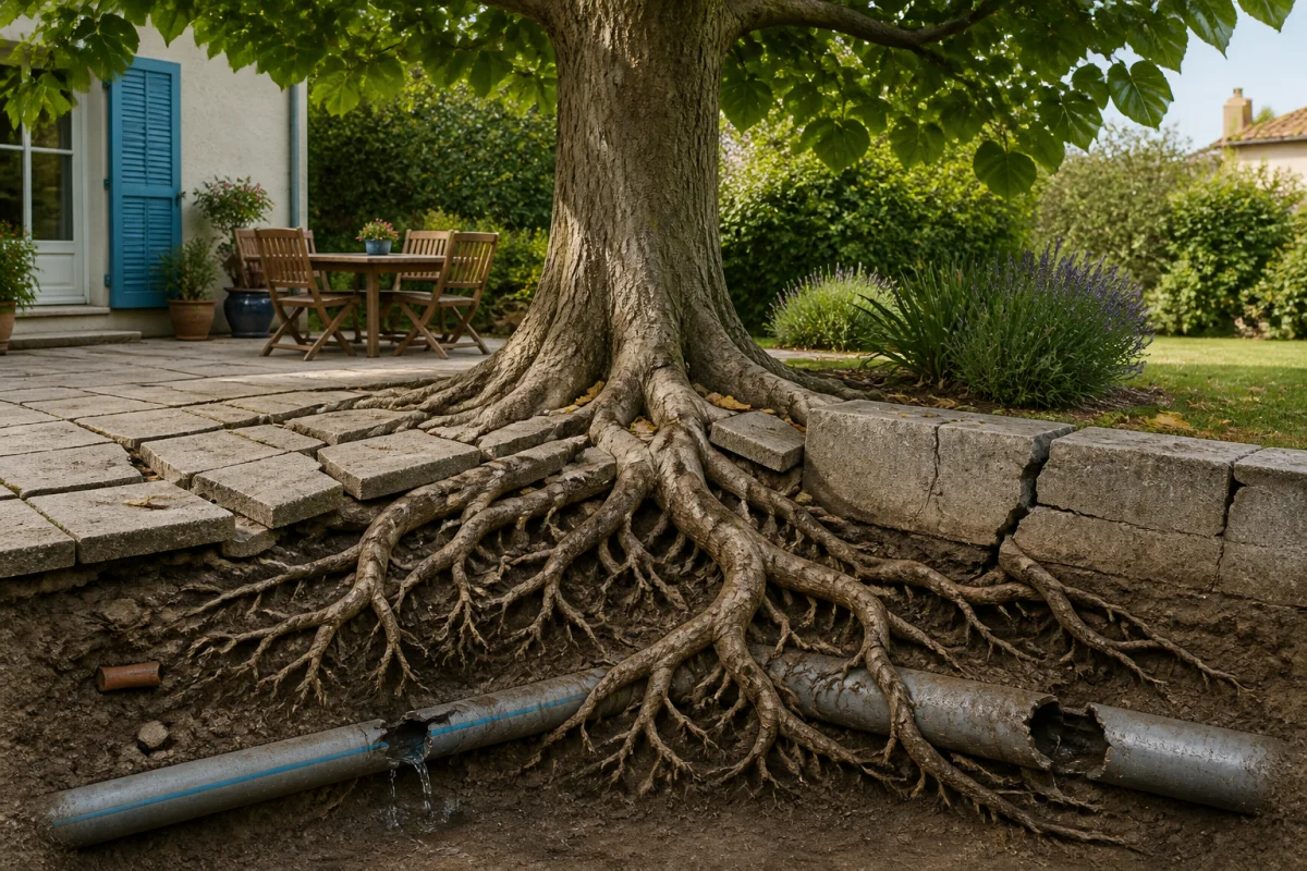 Paulownia aux racines étendues soulevant les dalles, fissurant un muret et endommageant des canalisations enterrées