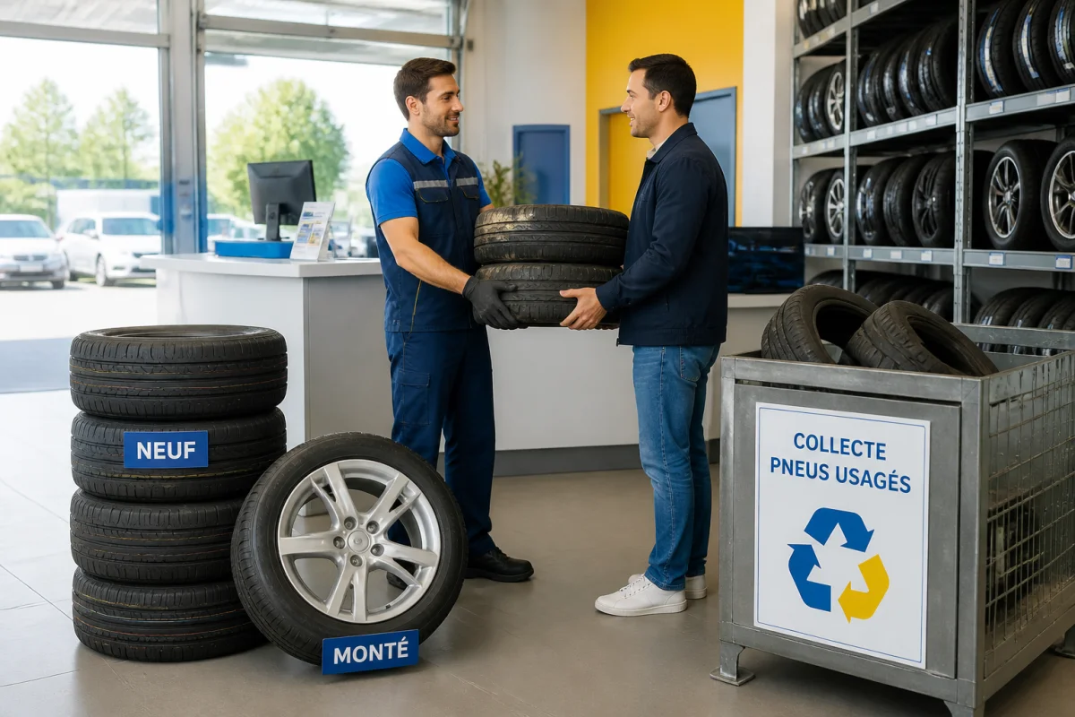 Professionnel remettant des pneus usagés à un client dans un centre auto, illustrant le prix d’enlèvement des pneus usagés