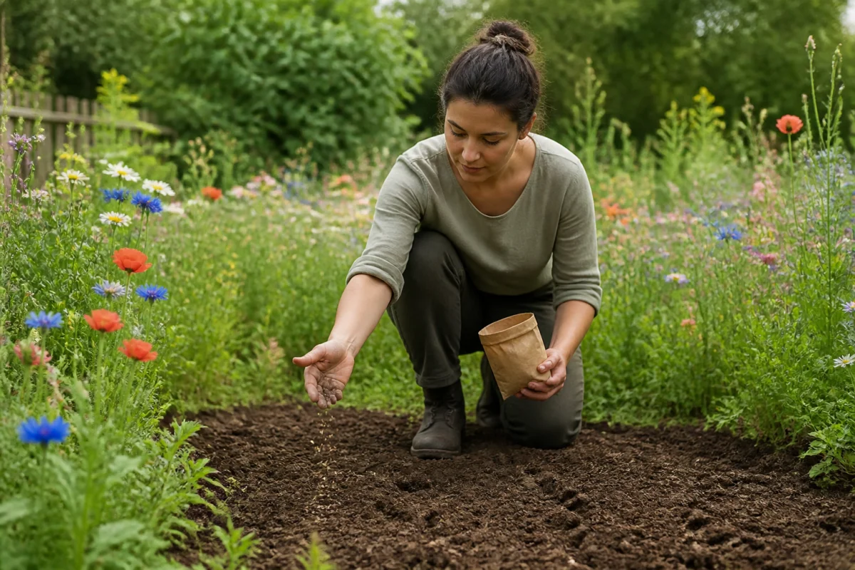 Semis manuel de graines pour créer une prairie fleurie dans une parcelle de jardin entourée de fleurs sauvages