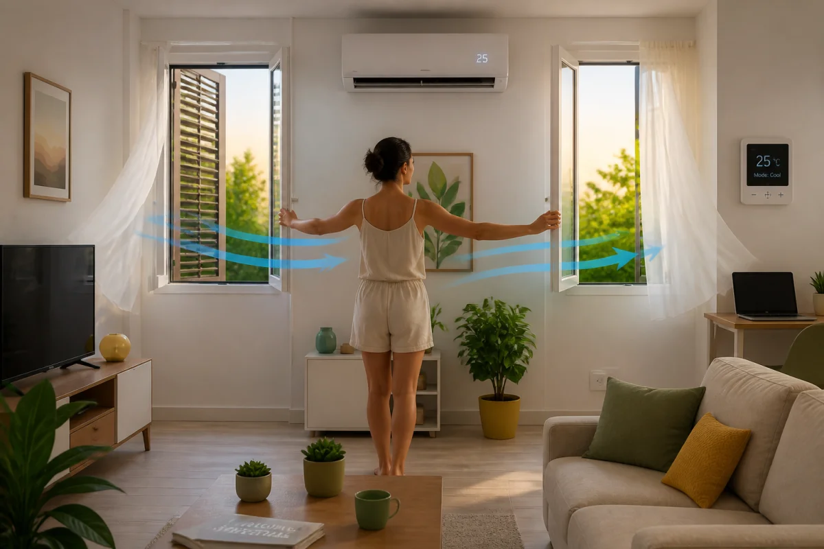 Personne aérant une maison climatisée en ouvrant deux fenêtres opposées pour créer une ventilation traversante gecontroleée