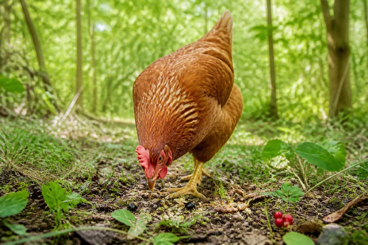 Poule domestique picorant graines, insectes et jeunes pousses dans un sous-bois naturel lumineux
