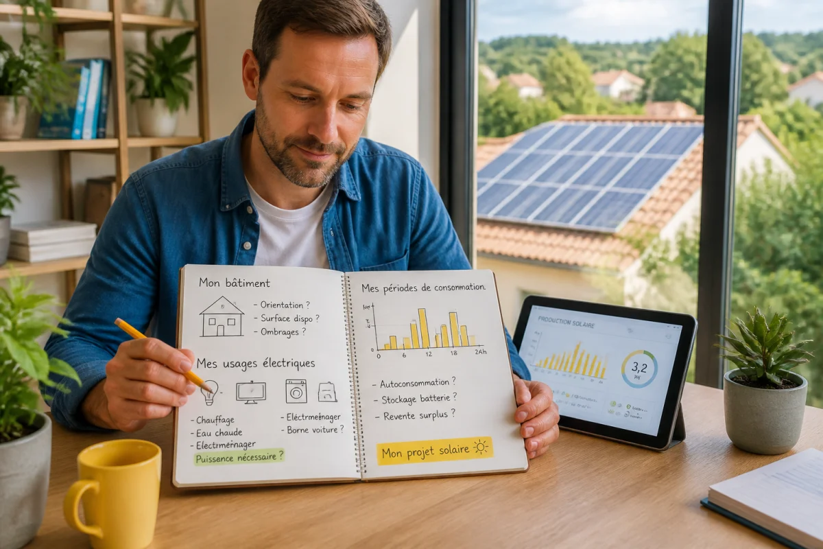 Arteis Solaire : personne préparant un projet photovoltaïque, carnet de notes et panneaux solaires visibles depuis une maison lumineuse.