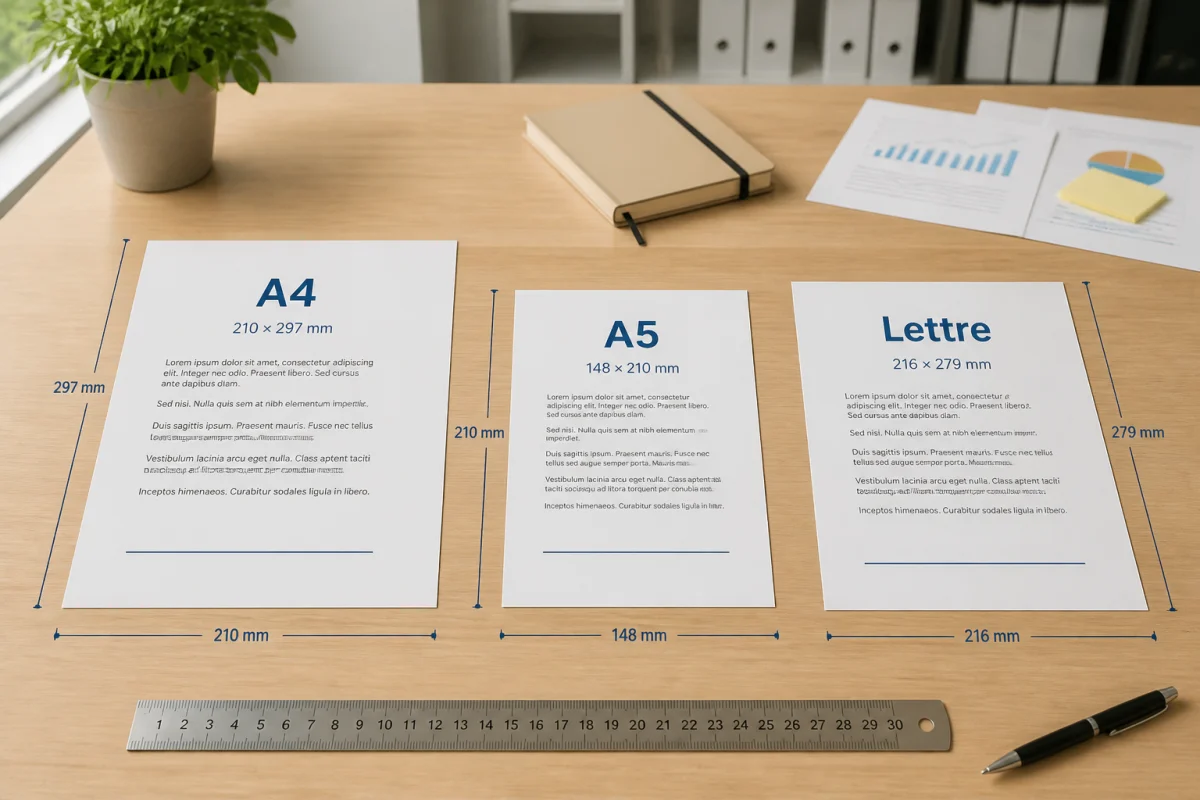 Comparaison des formats de document PDF A4, A5 et Lettre sur un bureau professionnel avec règle graduée