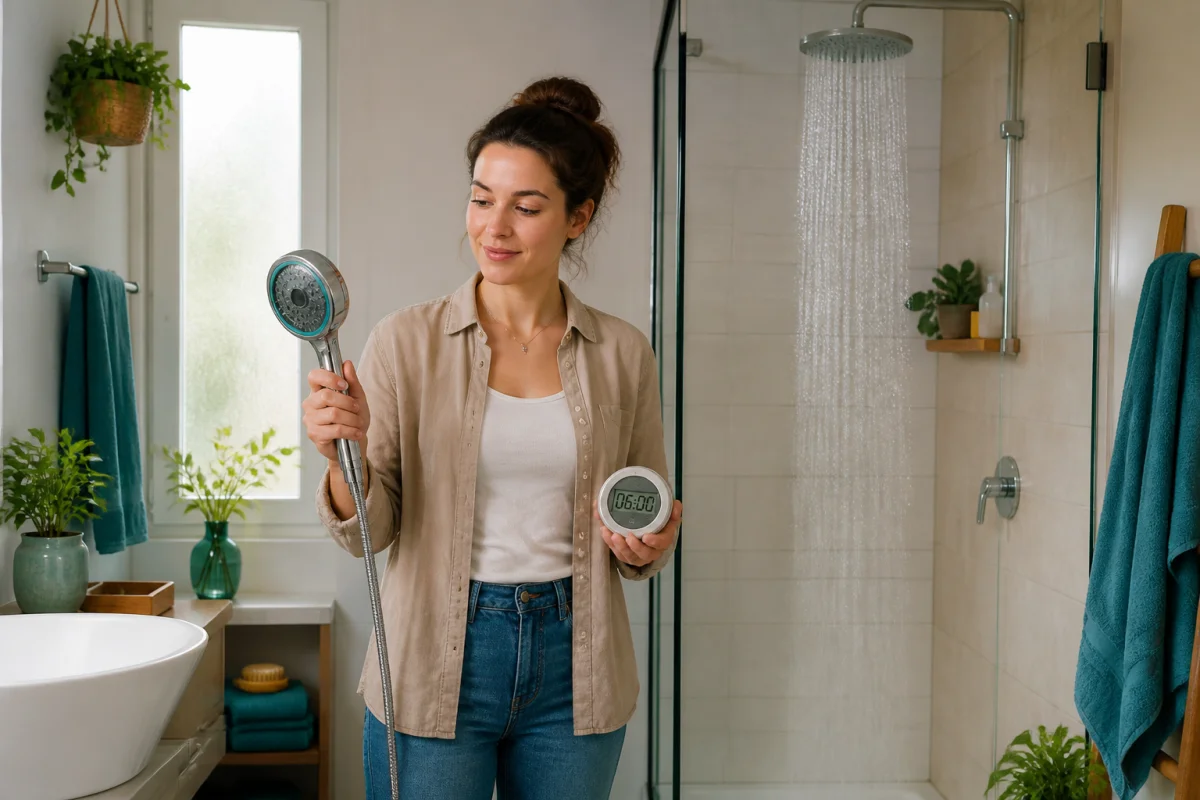 Personne prenant une douche de six minutes avec pommeau économique, minuteur et robinet fermé dans une salle de bains lumineuse