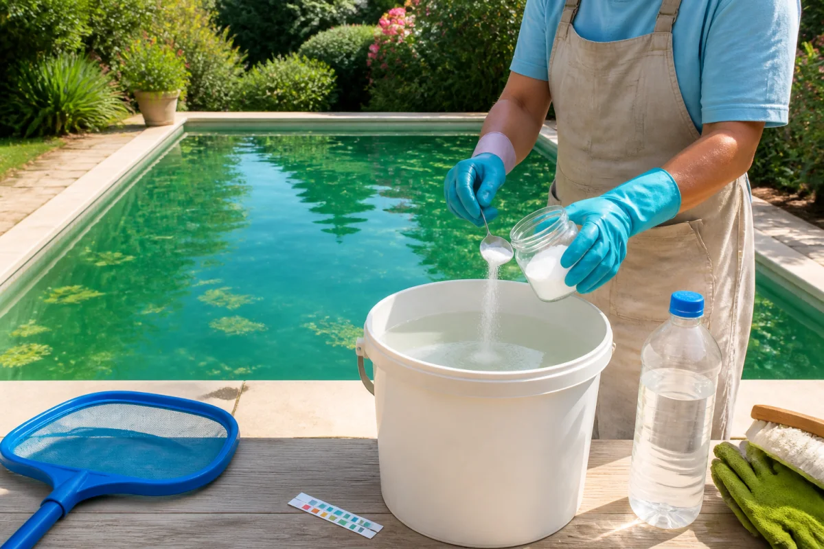 Eau de piscine verte en récupération avec seau, épuisette et accessoires d’entretien dans un jardin résidentiel verdoyant