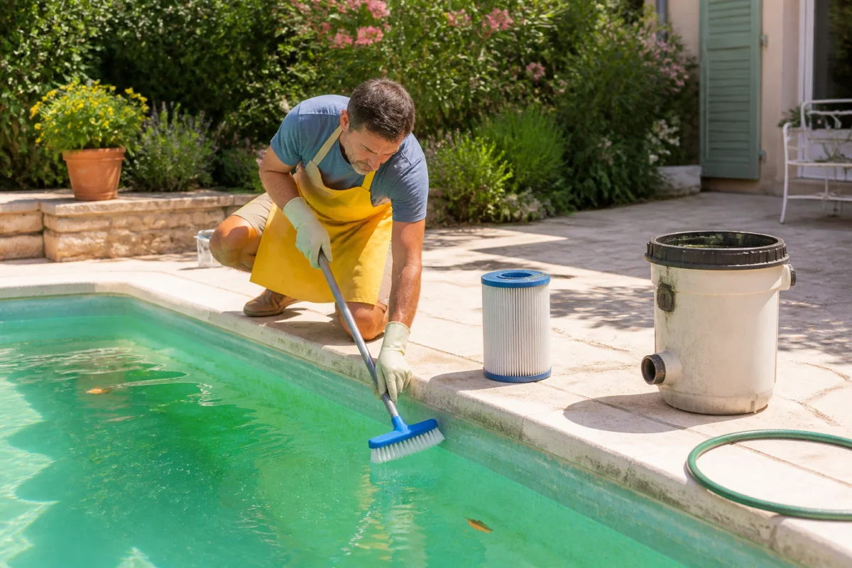 Eau de piscine verte : personne brossant les parois et nettoyant le filtre avec un remède de grand-mère