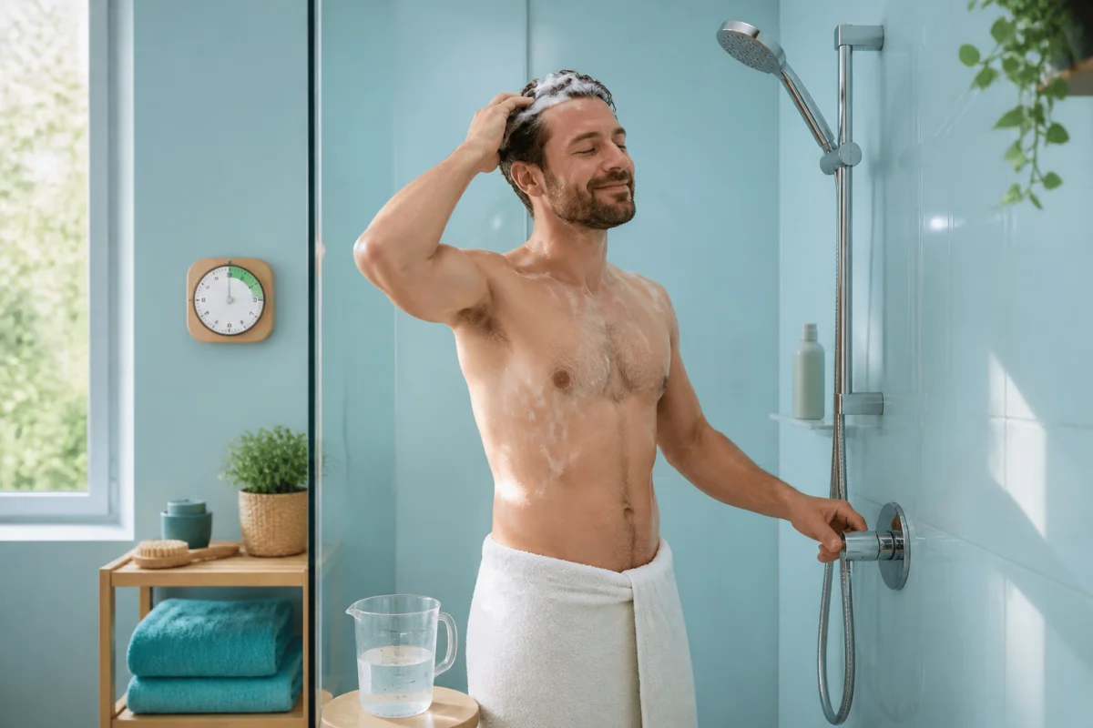Adulte économisant l’eau à la maison sous une douche, robinet coupé pendant le shampoing et minuteur visible