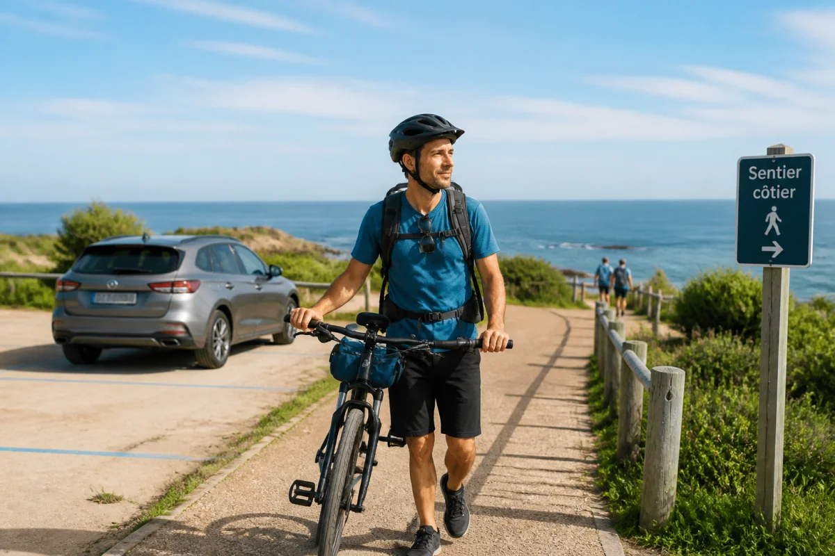 Voyageur à vélo près d’une voiture sur un sentier côtier, illustrant un écotourisme en bord de mer responsable